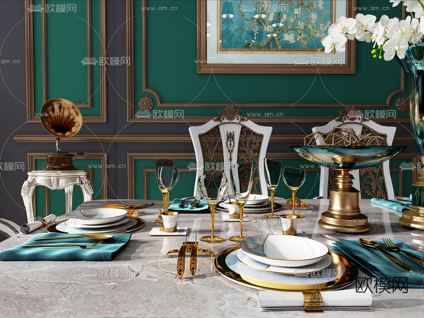 欧式餐桌椅餐具边柜吊灯组合3D模型下载（渲染图2）
