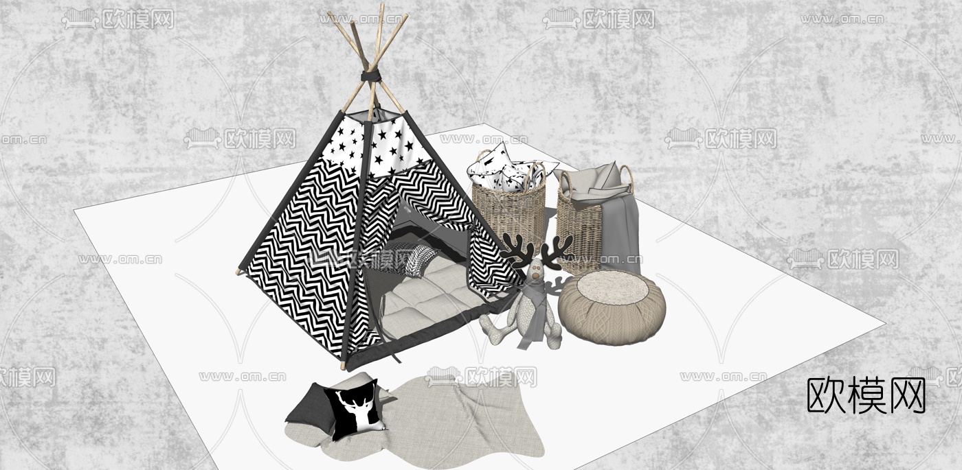 现代儿童帐篷床su模型下载（渲染图1）