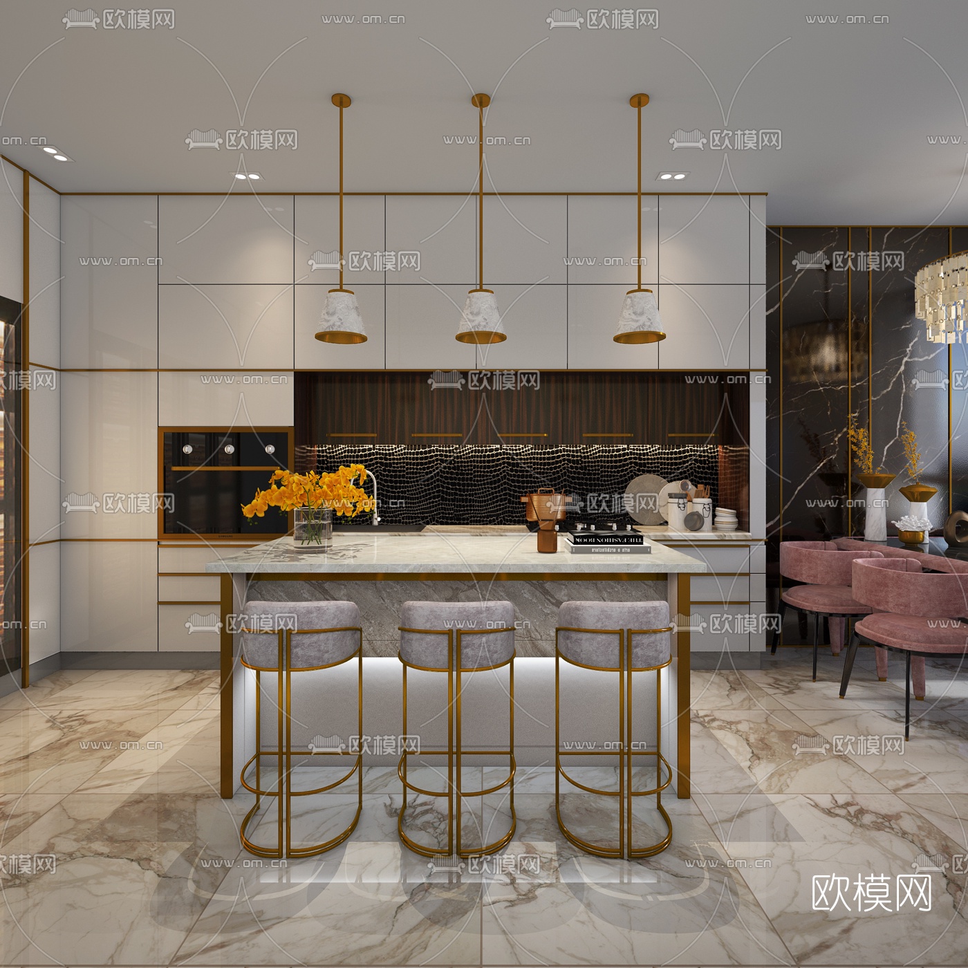 基辅NY公寓 现代粉色皮革餐桌椅3d模型