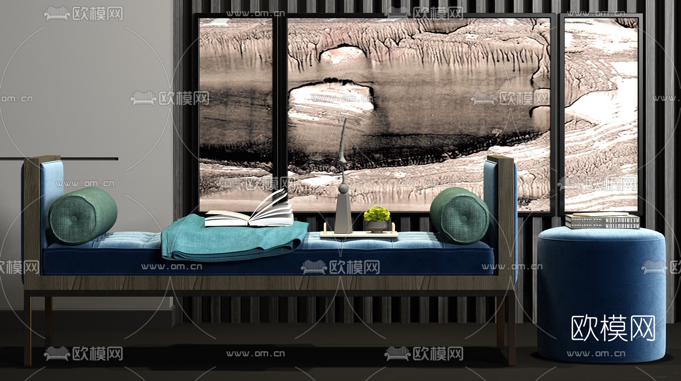 新中式实木绒布脚踏3d模型下载