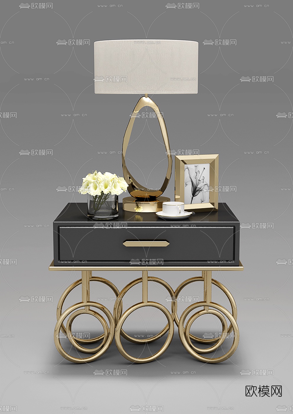 现代床头柜台灯摆件组合3D模型下载（渲染图3）