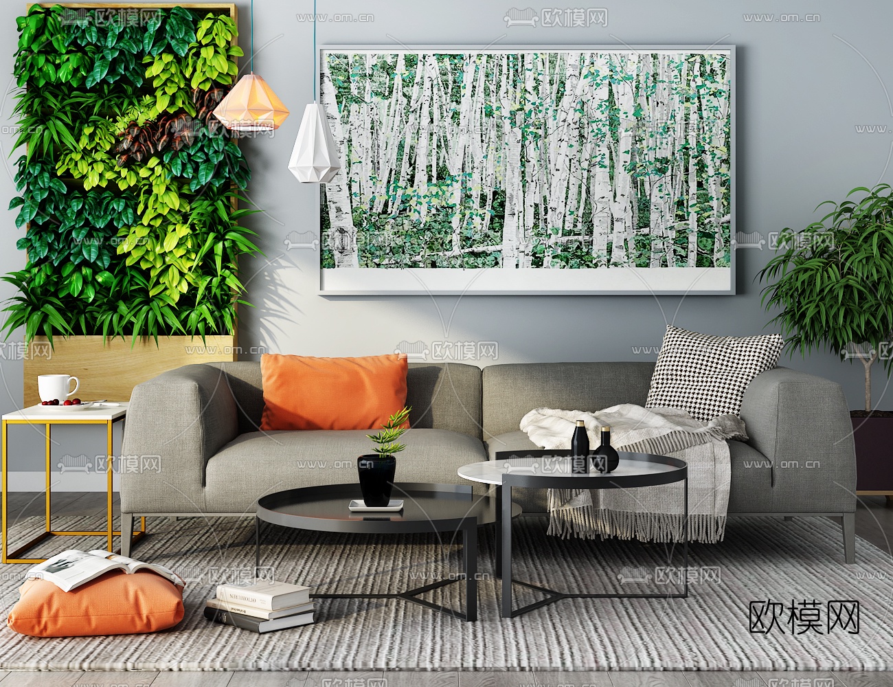 现代沙发茶几绿植装饰画组合3D模型下载_ID10486985_3dmax免费模型-欧模网