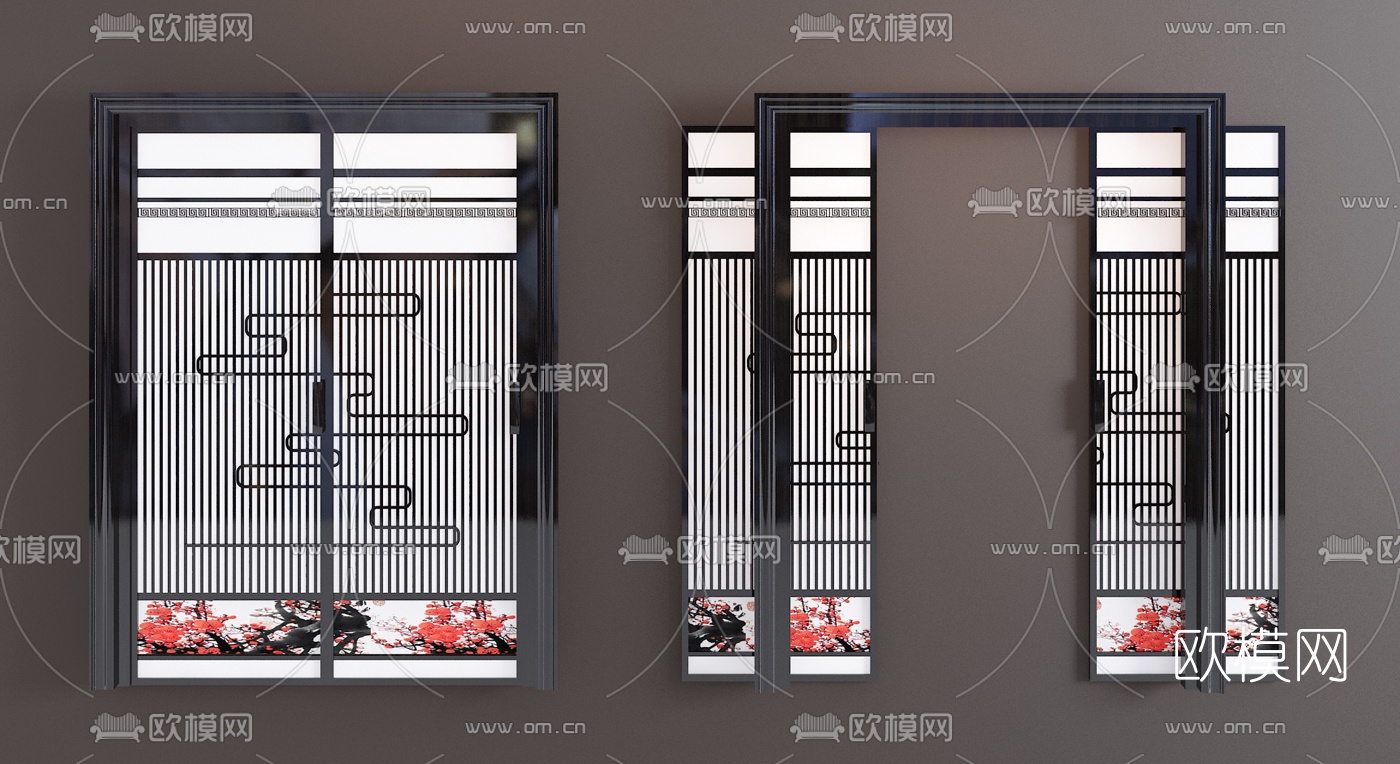 新中式实木玻璃梅花推拉门3d模型