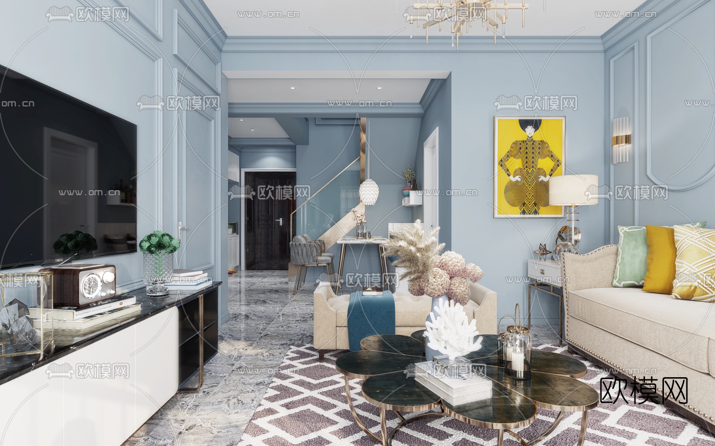 欧式客厅餐厅3d模型下载（渲染图1）