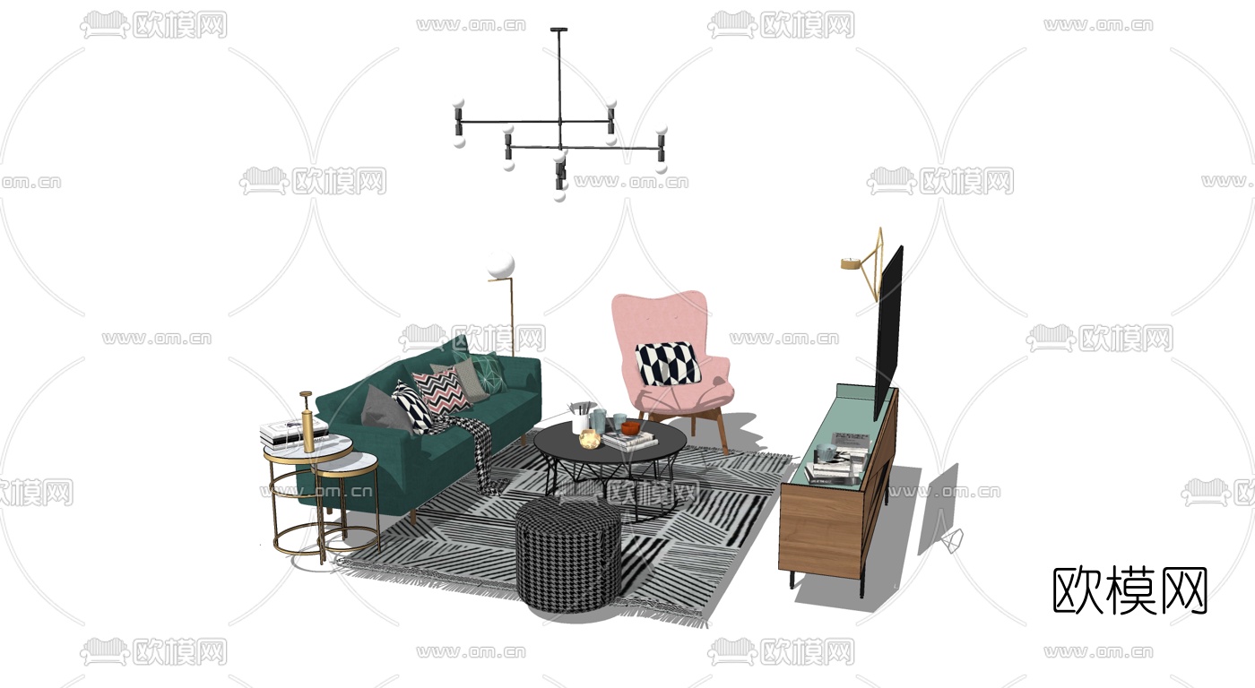 北欧布艺沙发组合su模型下载（渲染图1）