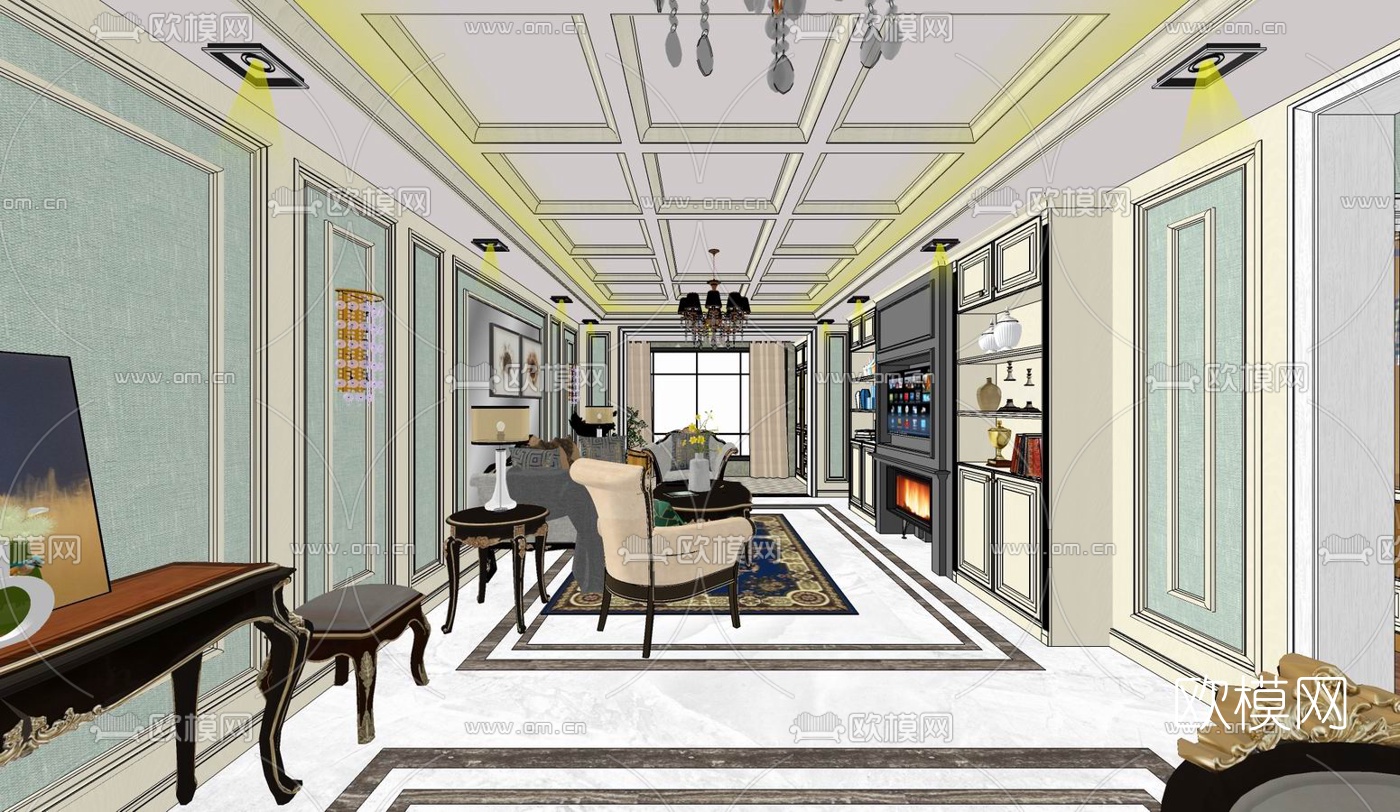 欧式客餐厅su模型下载（渲染图10）