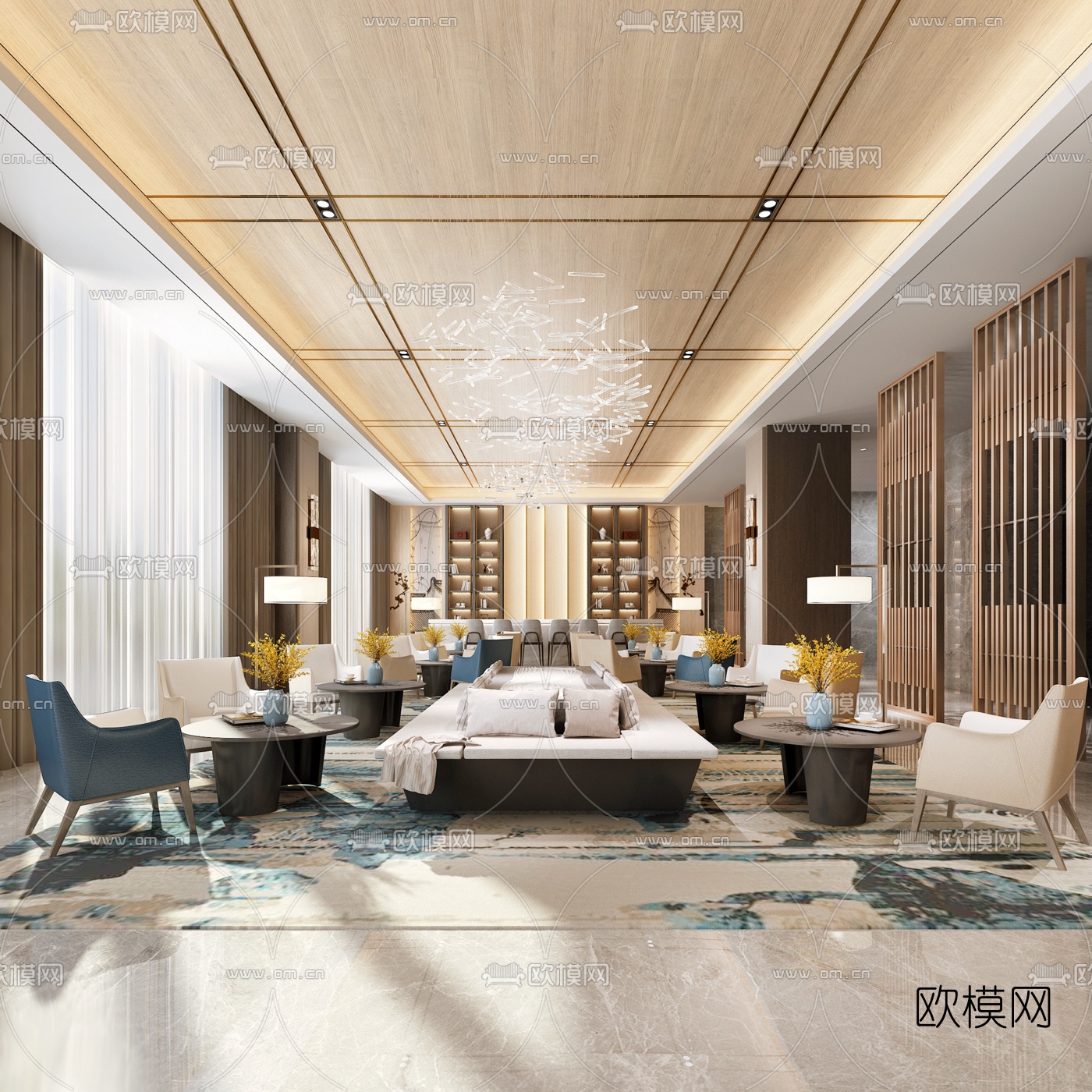 新中式酒店大堂休息区3d模型-免费3dmax模型库-欧模网