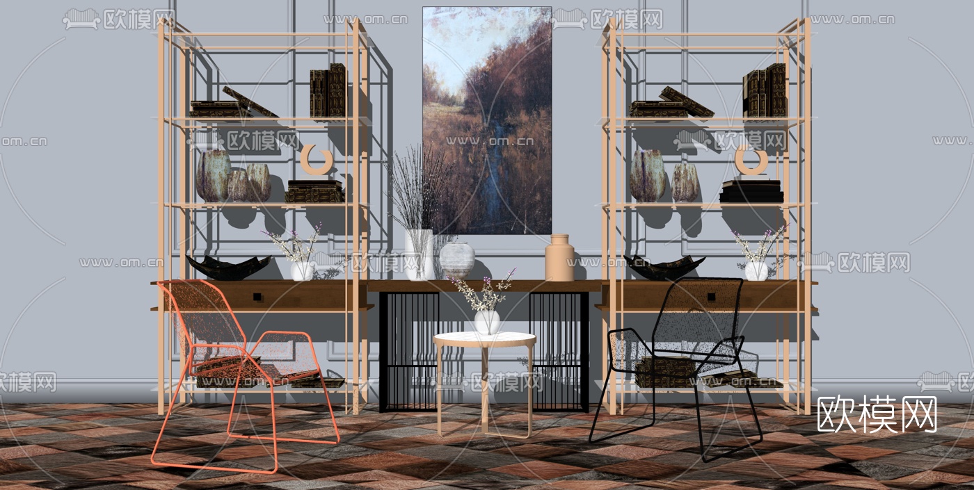 后现代简约单椅书柜组合su模型下载（渲染图1）