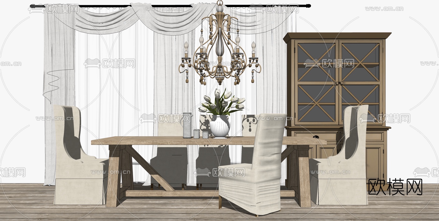 美式餐桌椅组合su模型下载