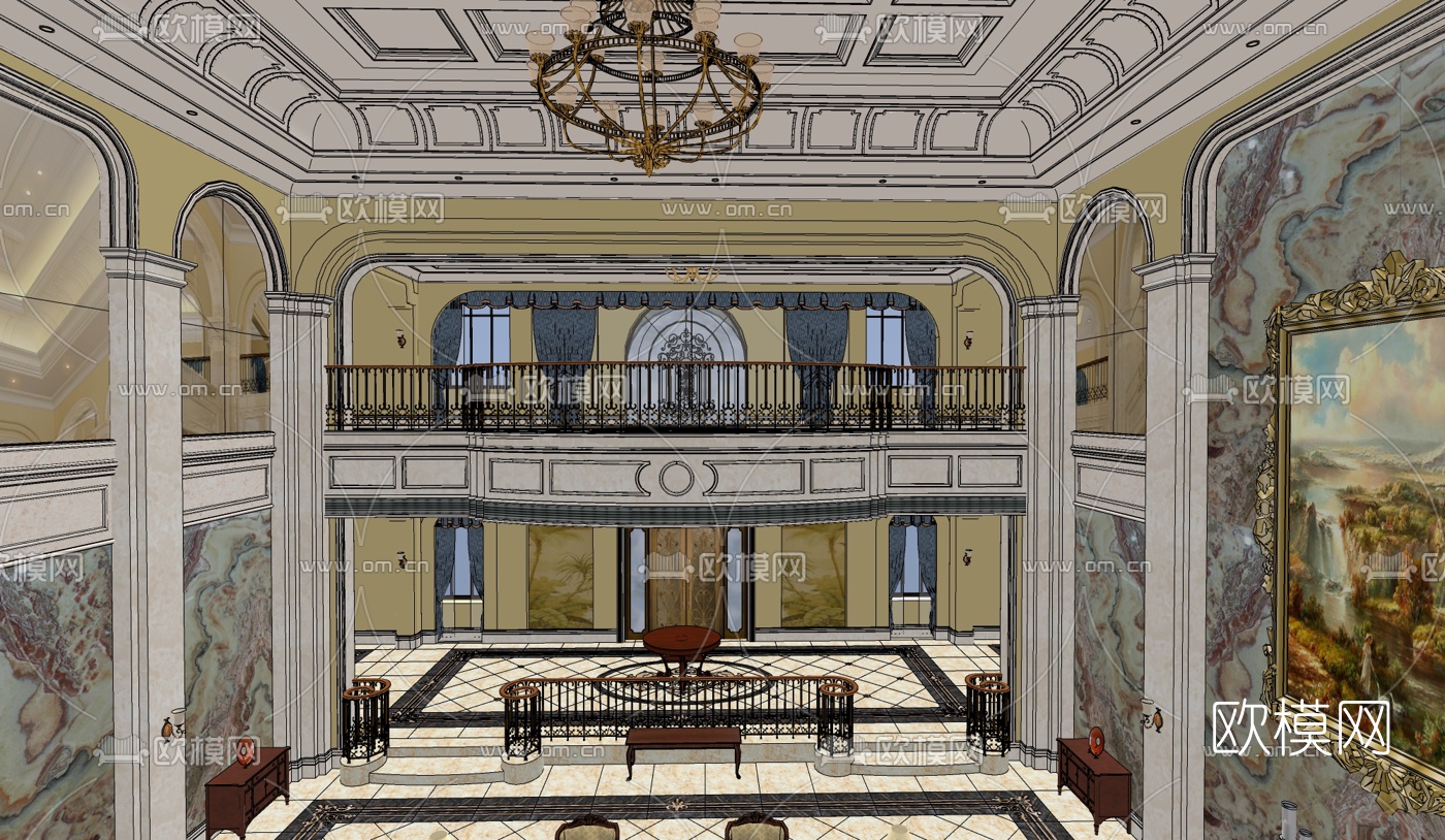 欧式别墅大厅su模型下载（渲染图3）