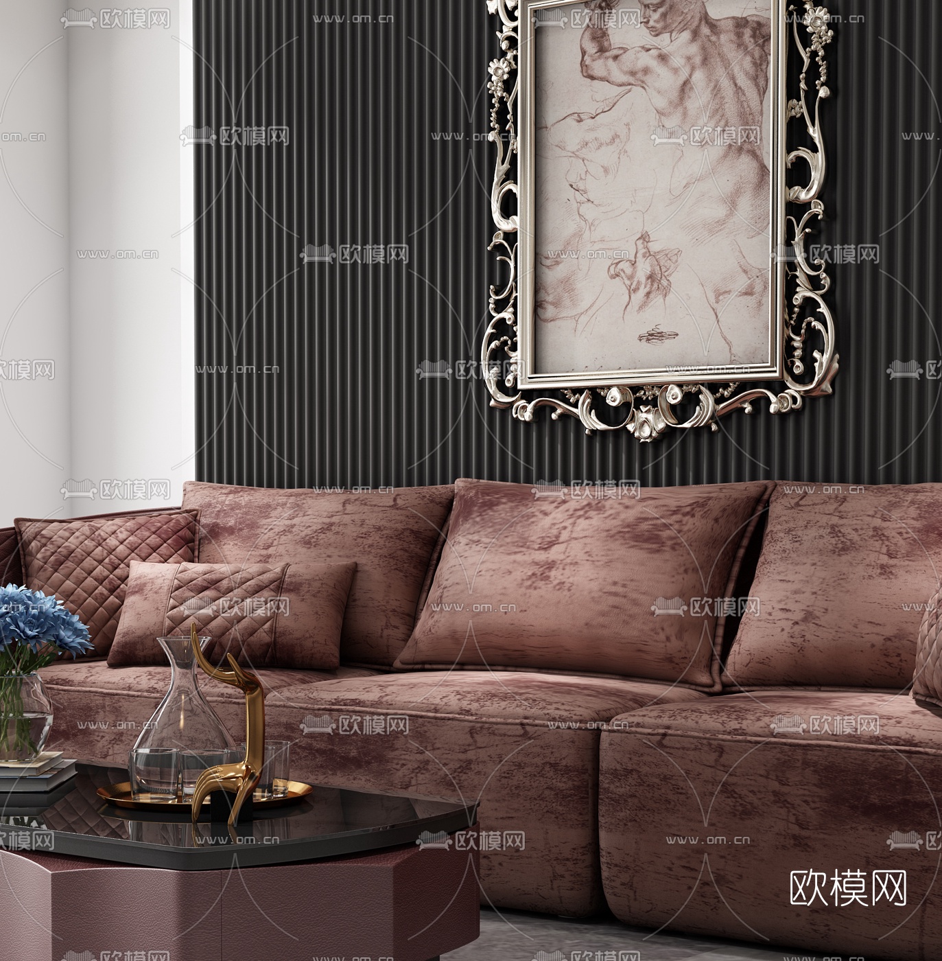 BENTLEY 后现代多人沙发茶几挂画组合3D模型下载（渲染图3）