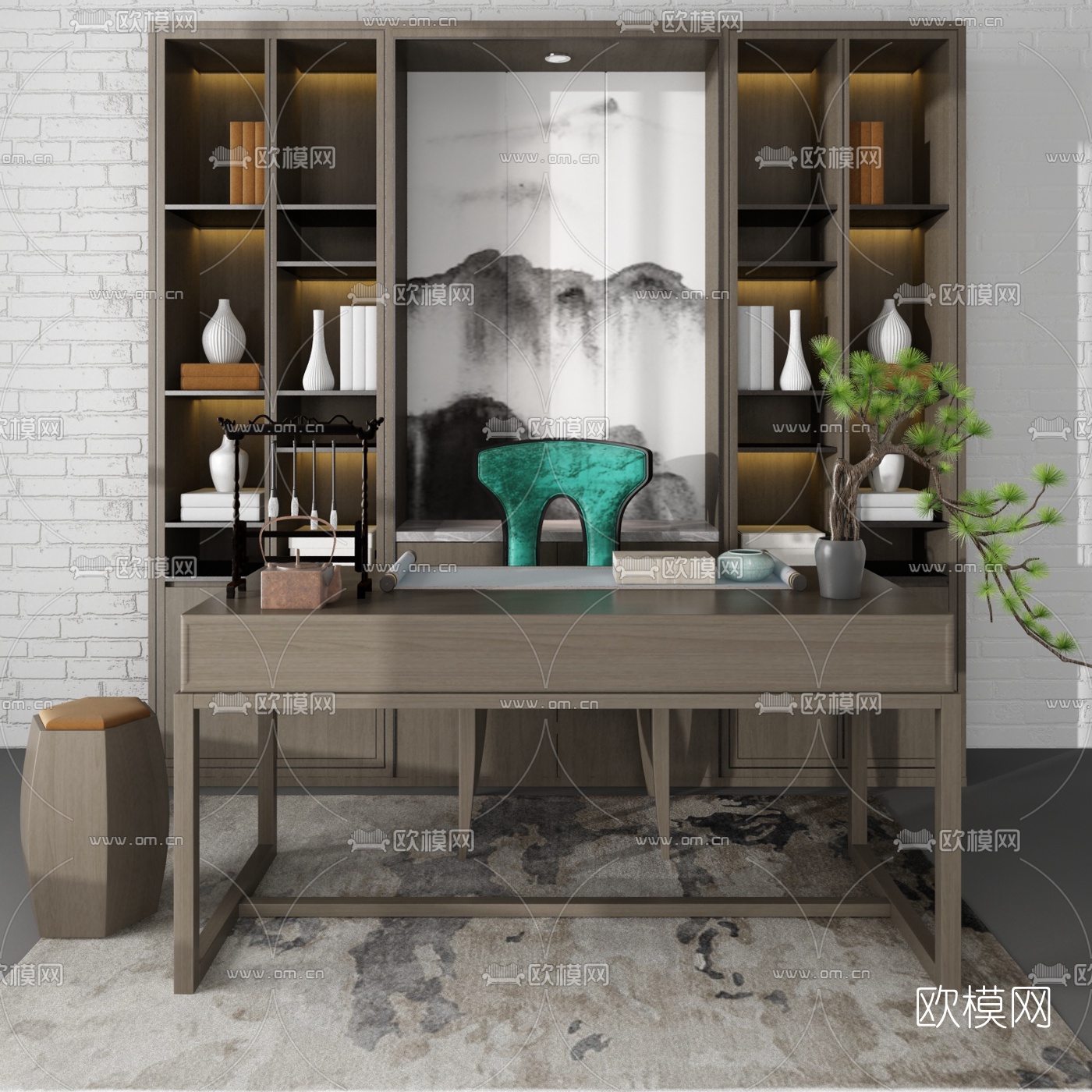 新中式书桌椅3d模型下载