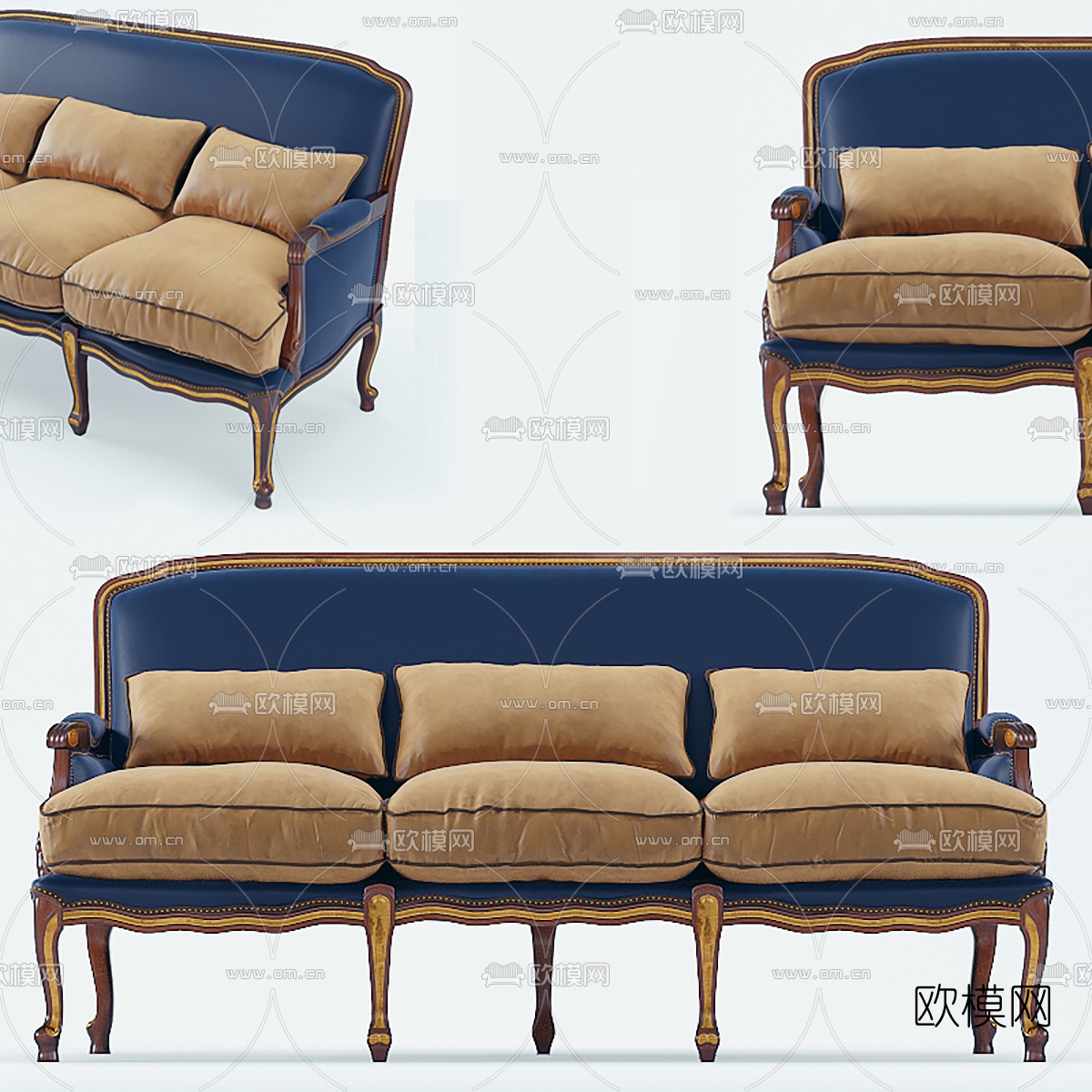 欧式布艺多人沙发 三人沙发3d模型下载（渲染图2）