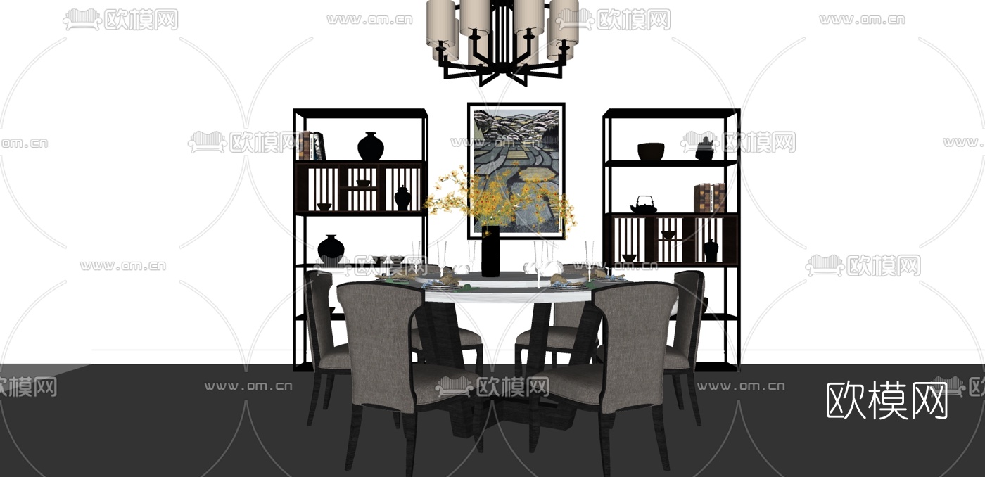新中式餐桌椅组合su模型下载（渲染图1）