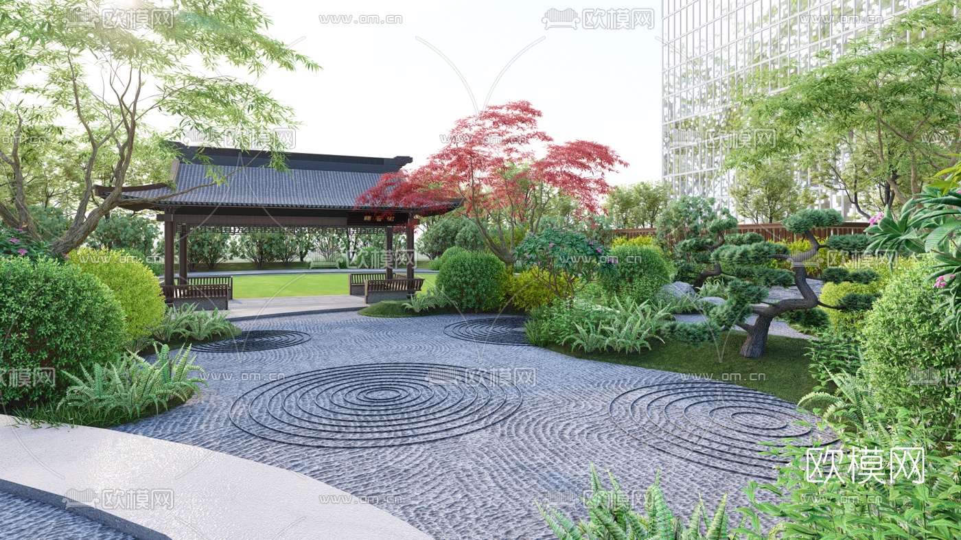 新中式园林景观su模型下载（渲染图8）