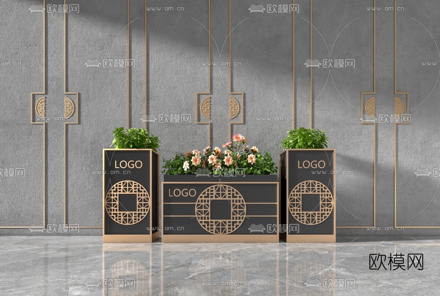 新中式花箱花坛盆栽3d模型下载(渲染图1)