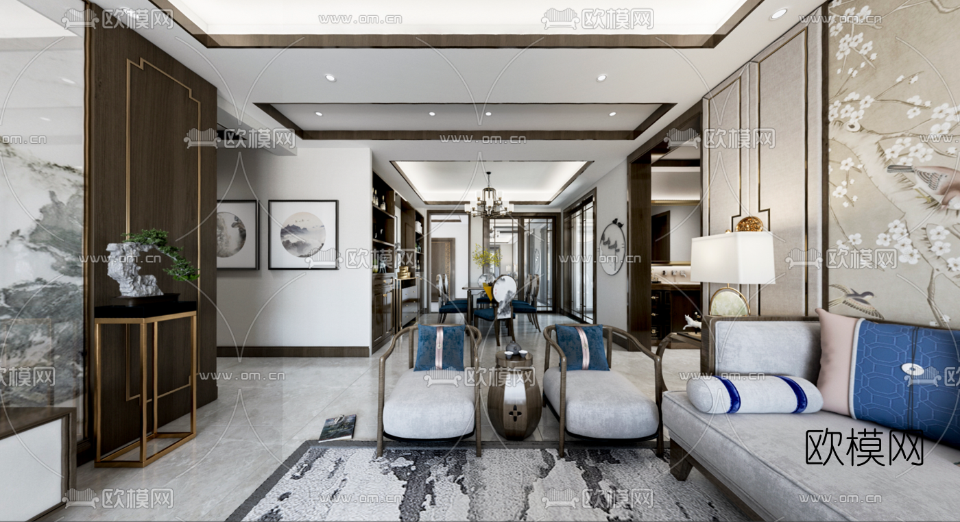 新中式客厅餐厅全景3d模型