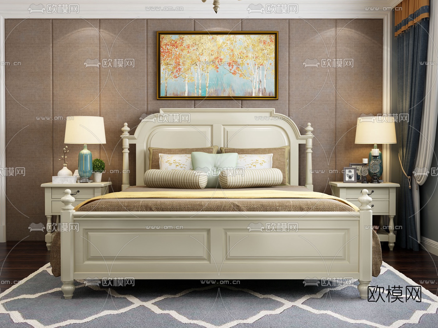 美式实木双人床3d模型下载（渲染图1）