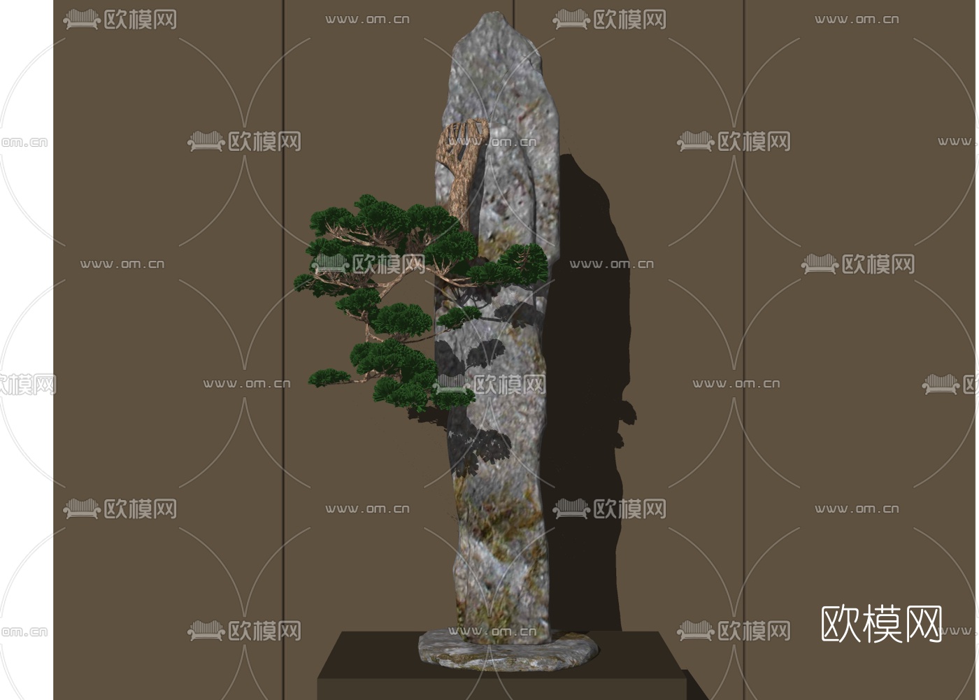 新中式假山松树摆件su模型