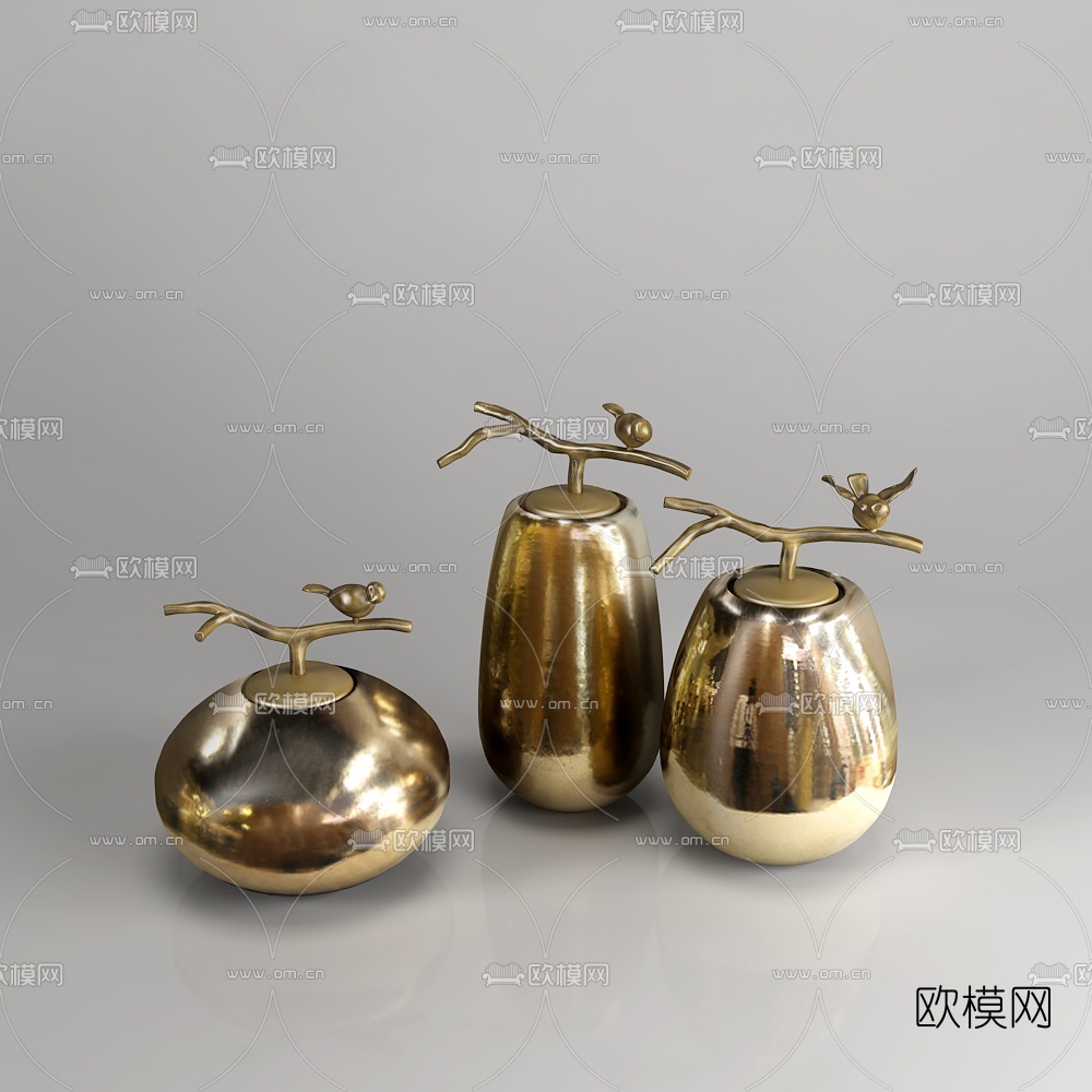 新中式金属陶瓷花瓶器皿摆件组合3D模型下载（渲染图2）