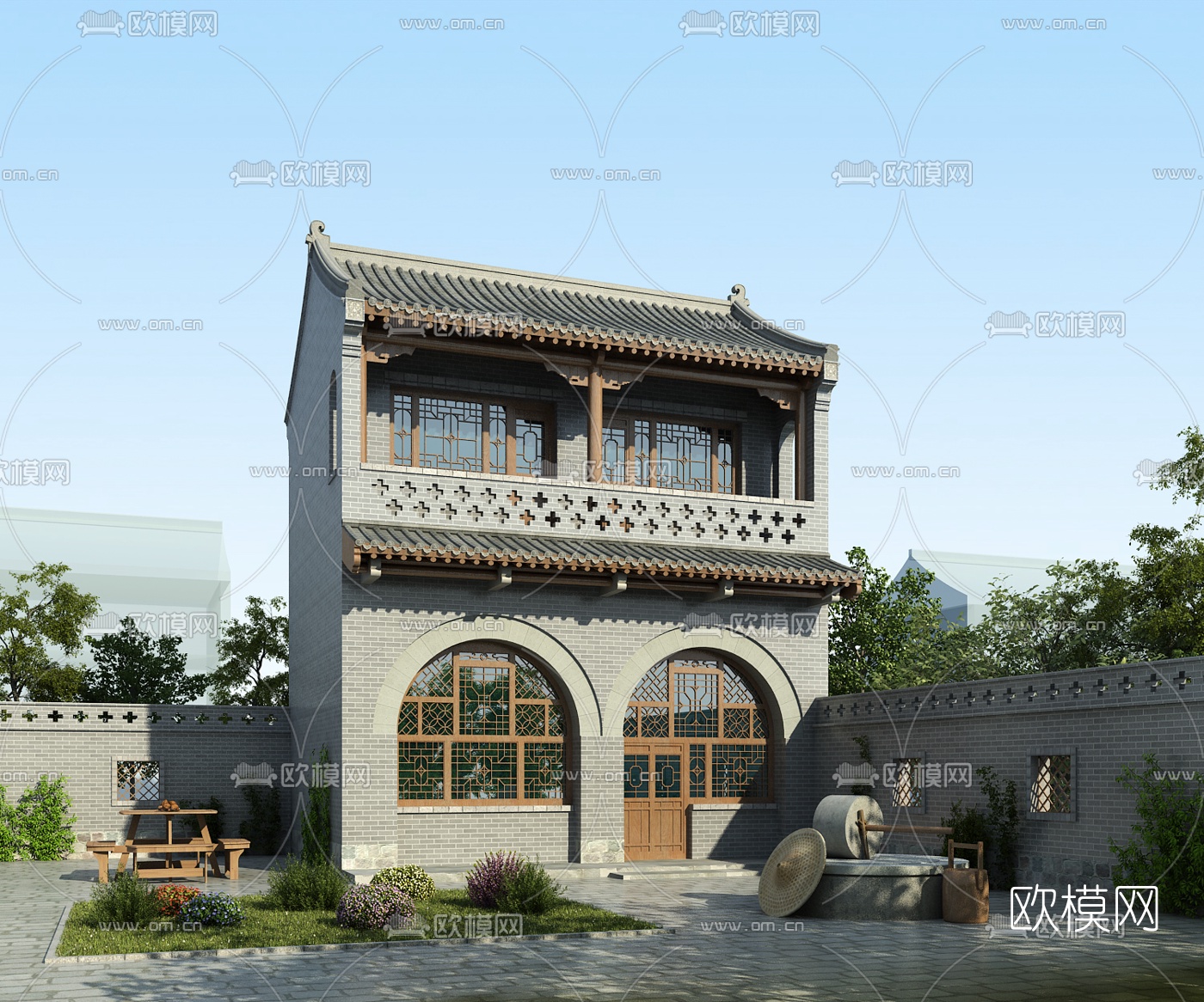 中式住宅外观3d模型下载（渲染图1）