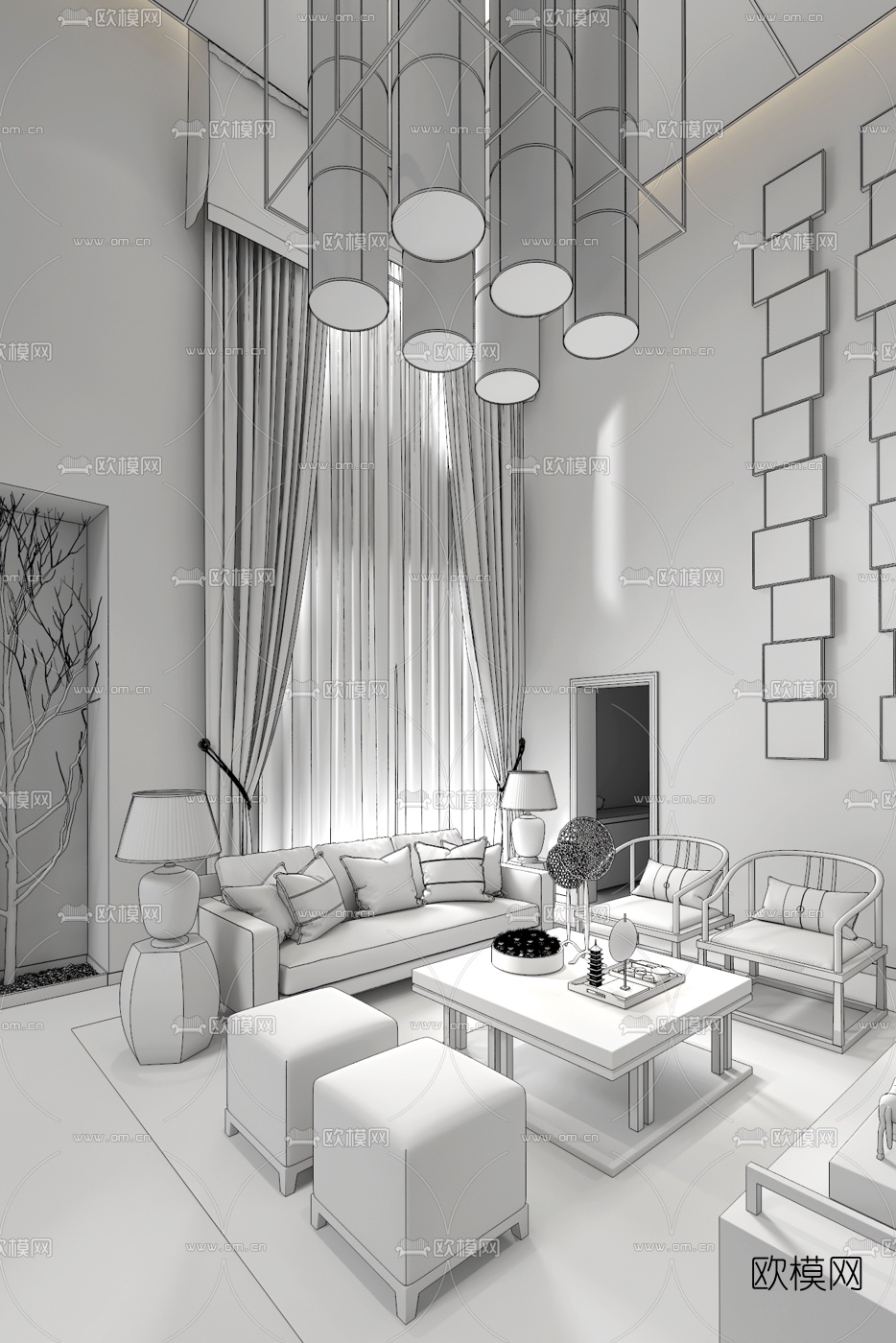 世阆设计新中式别墅客厅3D模型下载（渲染图2）