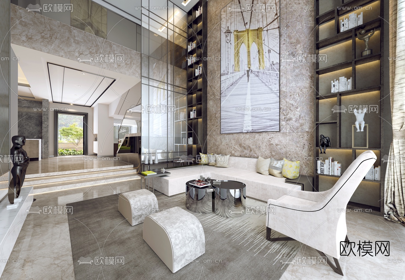 伽曼嘉设计 现代别墅客厅3D模型下载（渲染图1）