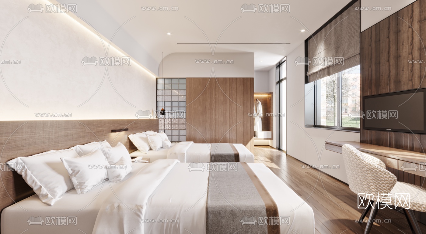 现代酒店双床房免费3d模型下载