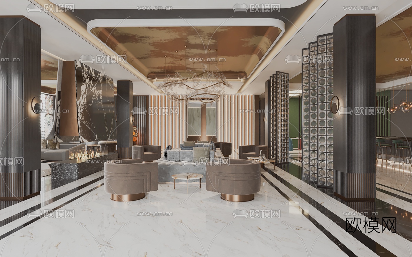 现代轻奢酒店大堂吧3d模型下载（渲染图1）