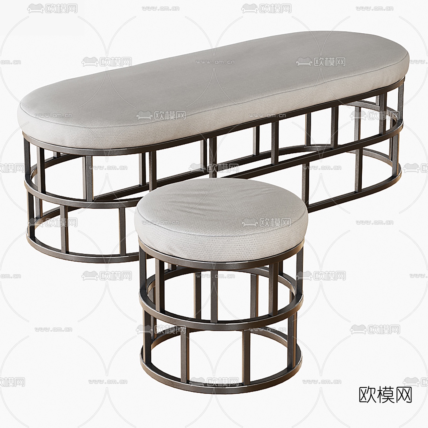 现代金属皮革床尾凳脚踏组合3D模型