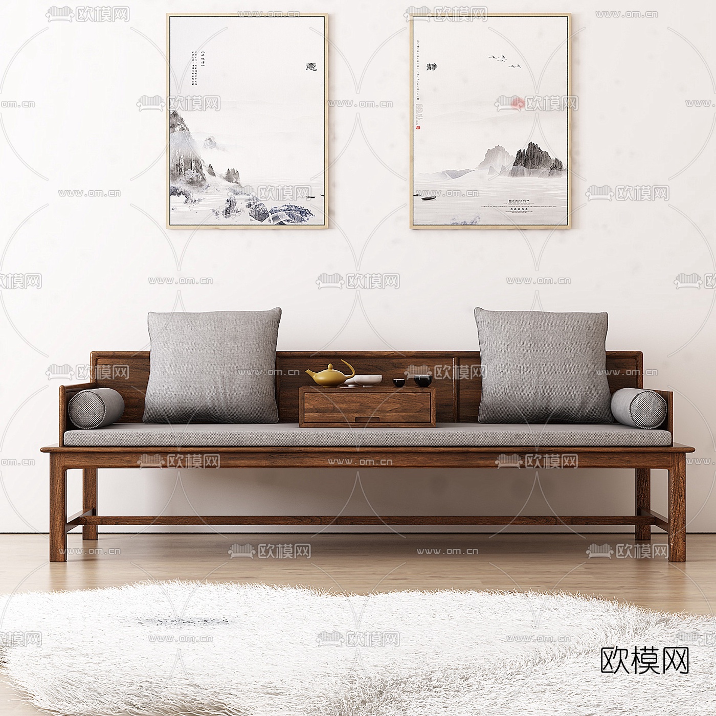 中式实木双人沙发3d模型下载