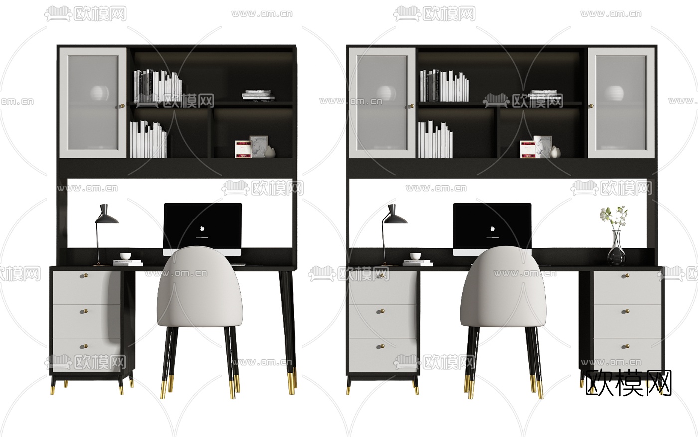 北欧一体式书柜书桌椅3d模型下载