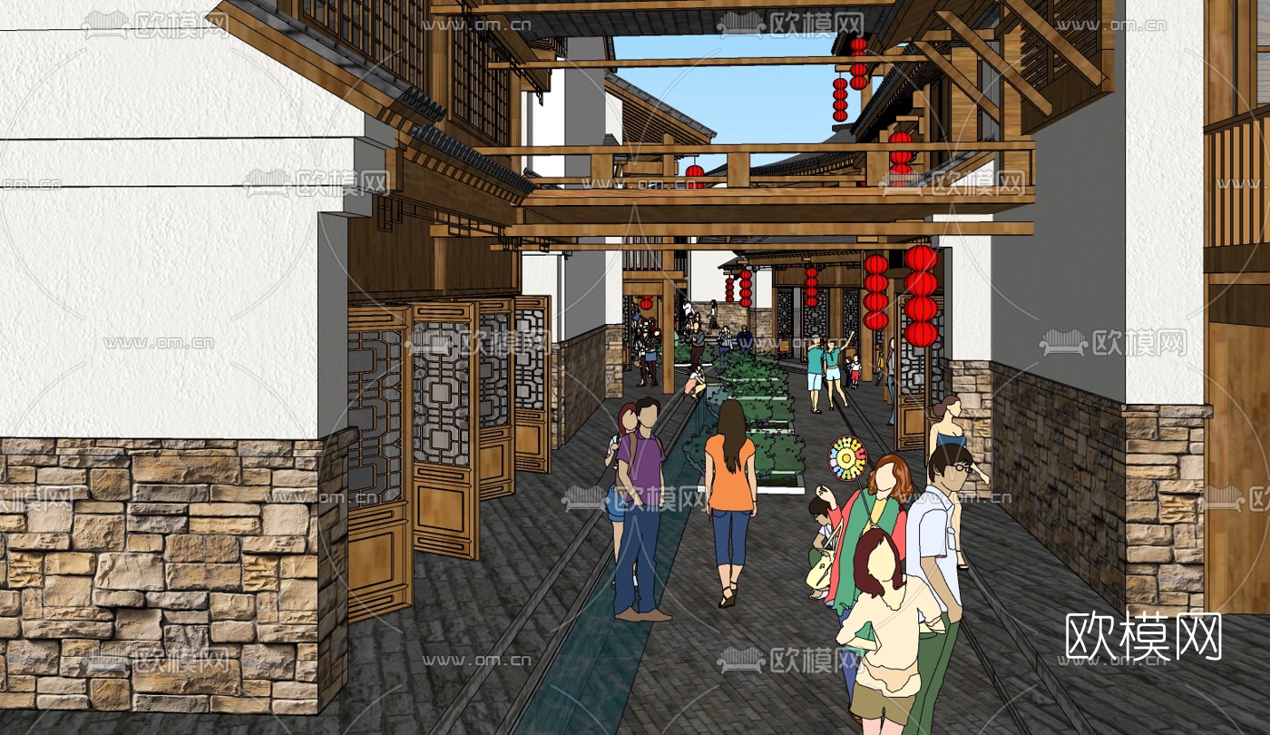 中式民俗商业街免费su模型下载（渲染图2）
