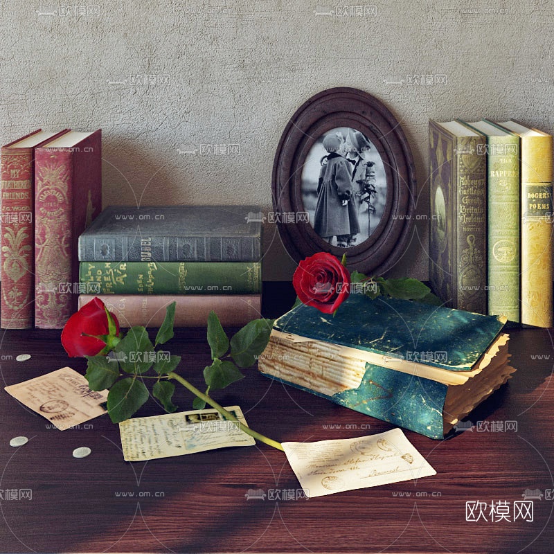 欧式书籍装饰画玫瑰花组合3D模型