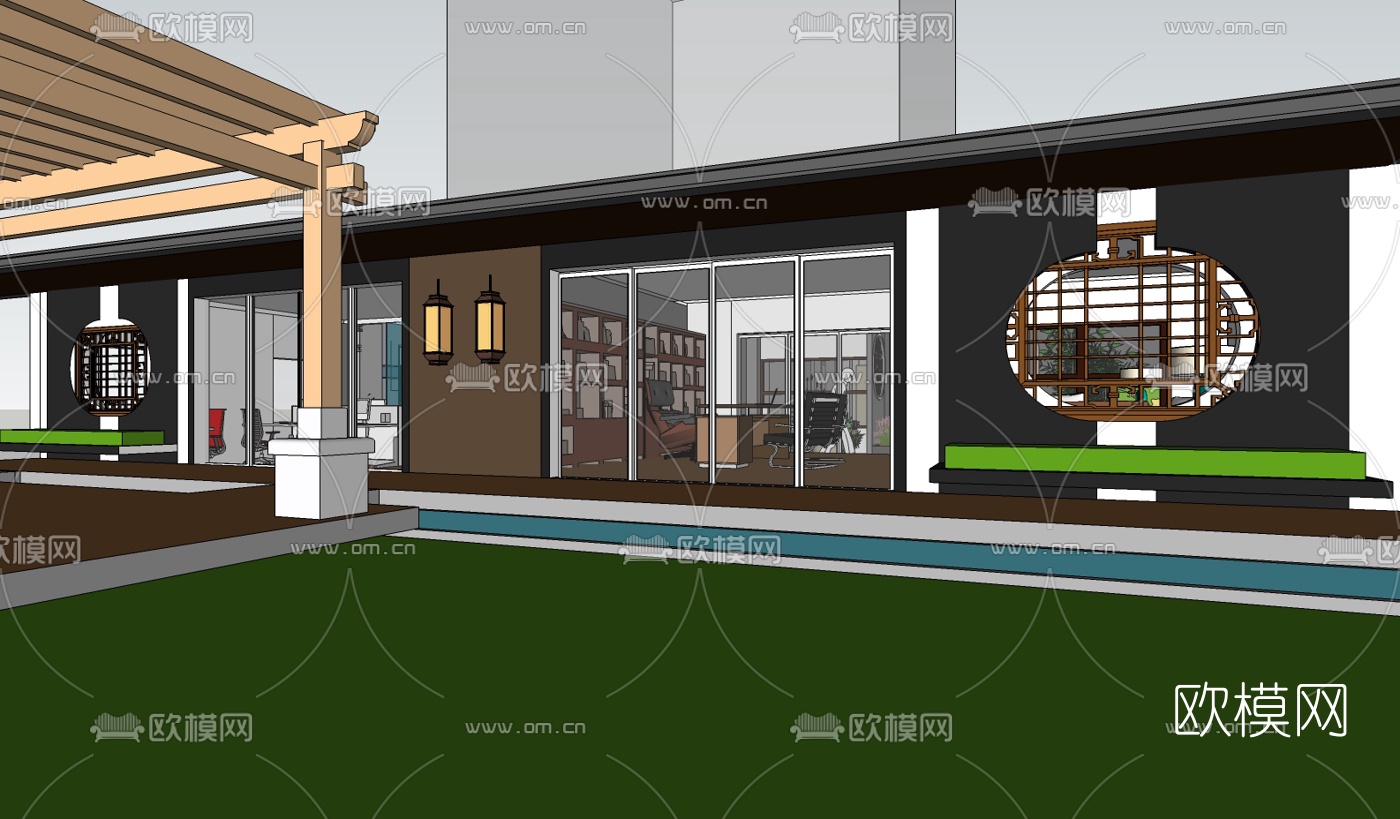 新中式园林景观免费su模型下载（渲染图1）