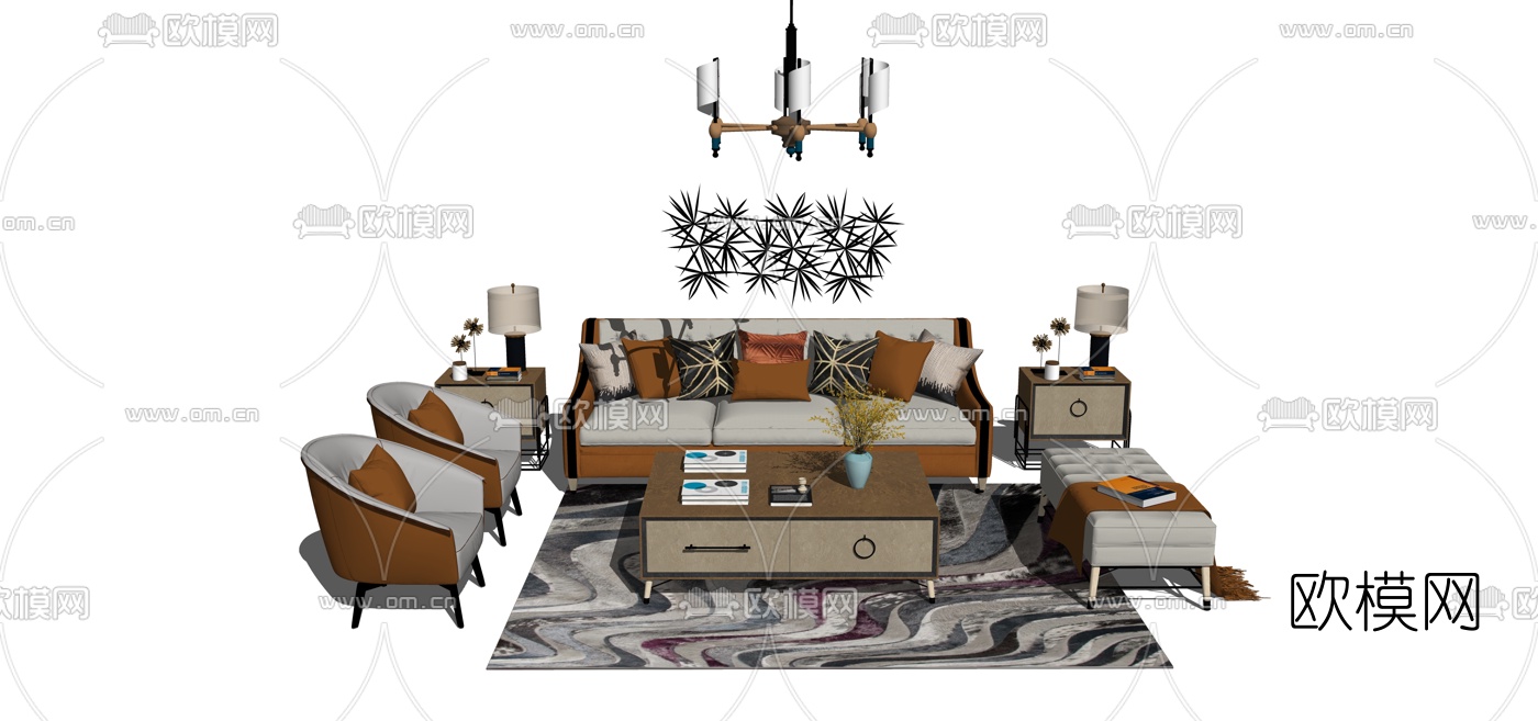 后现代沙发组合su模型下载（渲染图1）