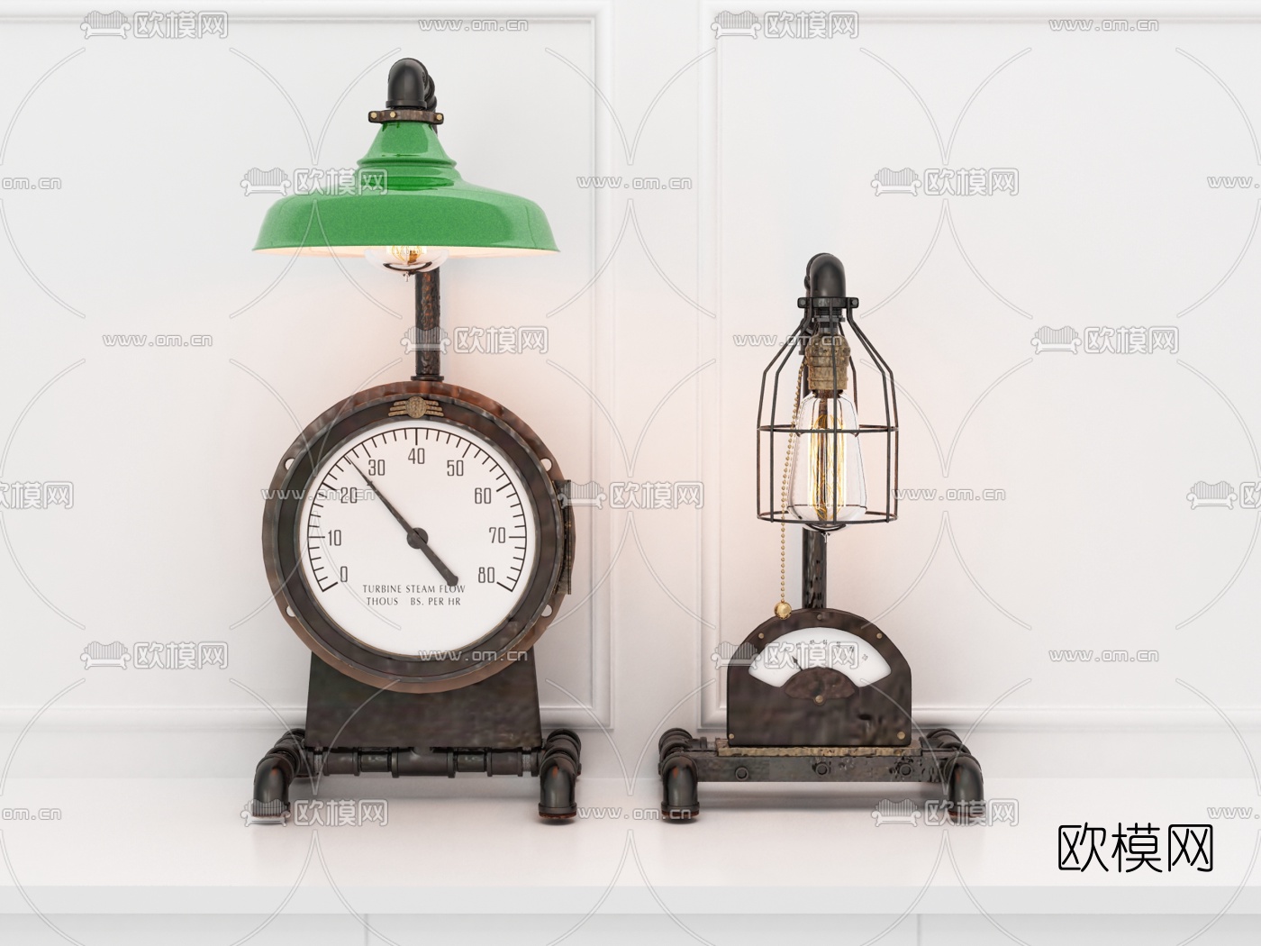 工业风复古铁艺钟表台灯3d模型下载