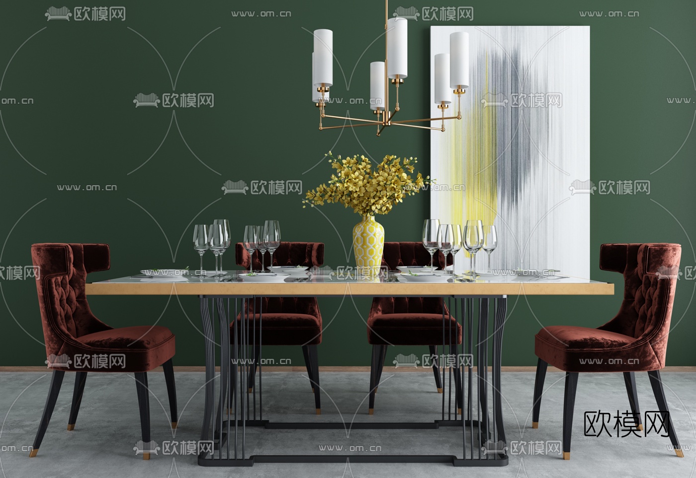 后现代长形餐桌椅3d模型下载