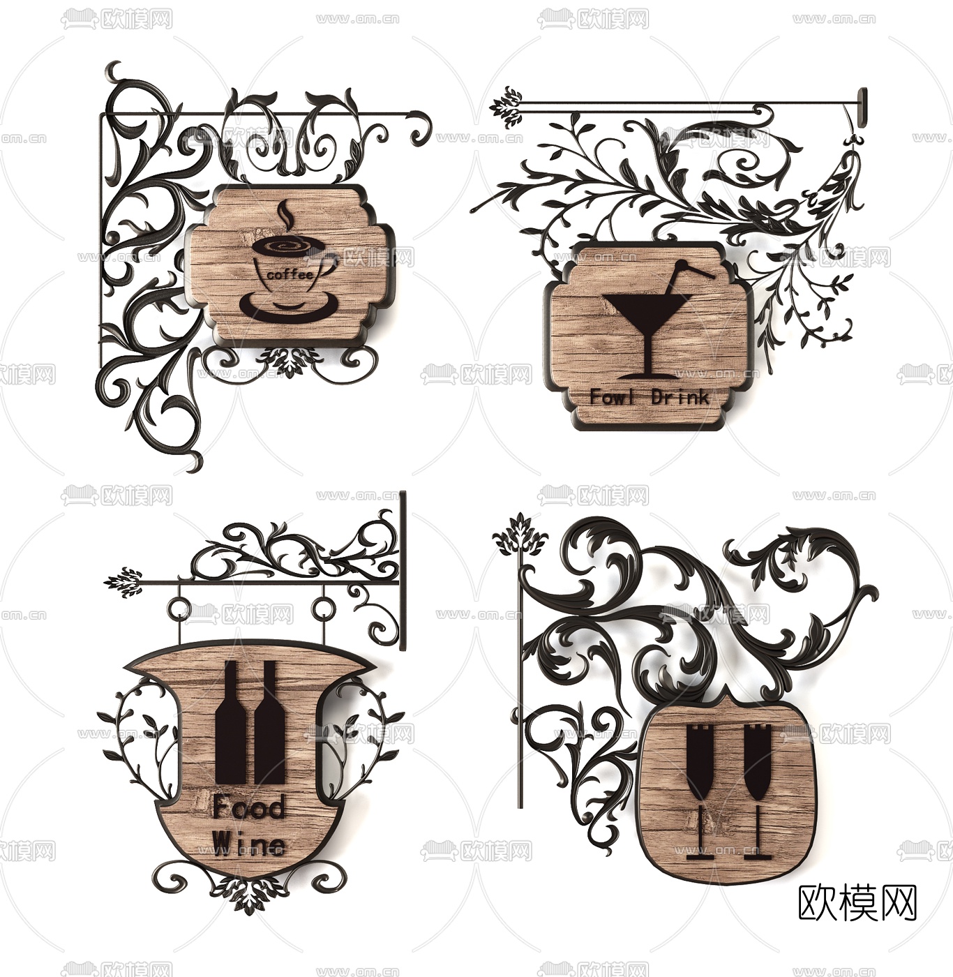 简欧铁艺店面壁挂广告牌3d模型下载