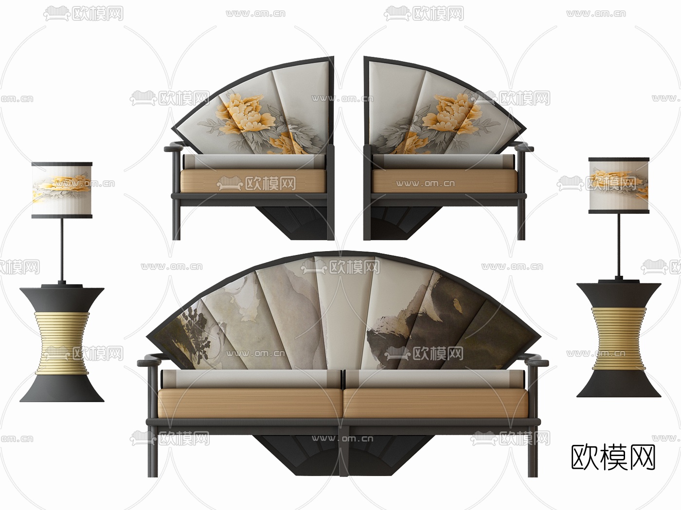 新中式扇形休闲异形沙发3d模型下载