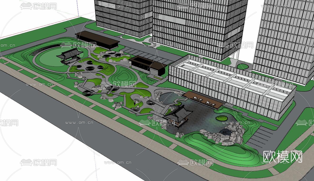 新中式园林景观su模型下载（渲染图6）