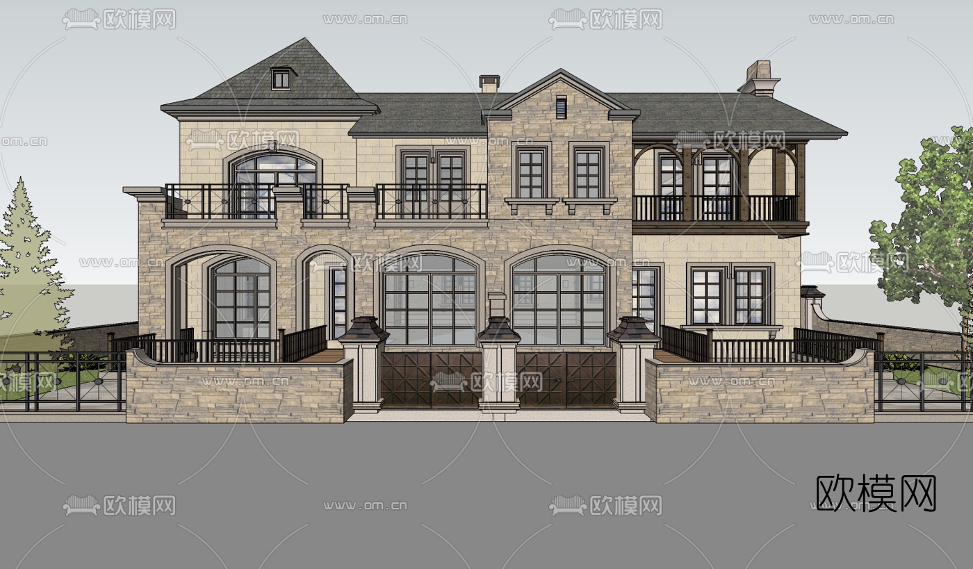 欧式独栋别墅su模型下载（渲染图1）