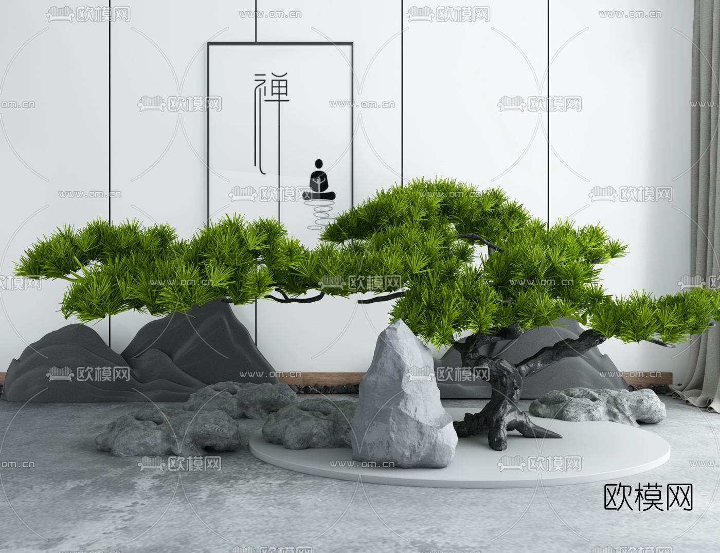 新中式松树假山园艺小品3d模型