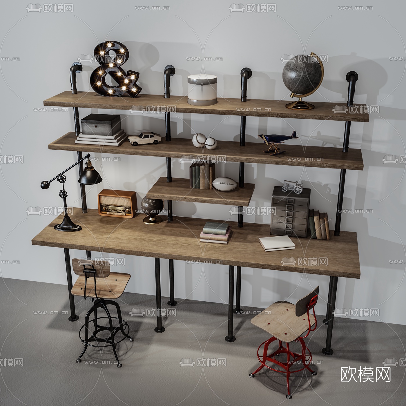 工业风书桌椅书架3d模型下载（渲染图2）