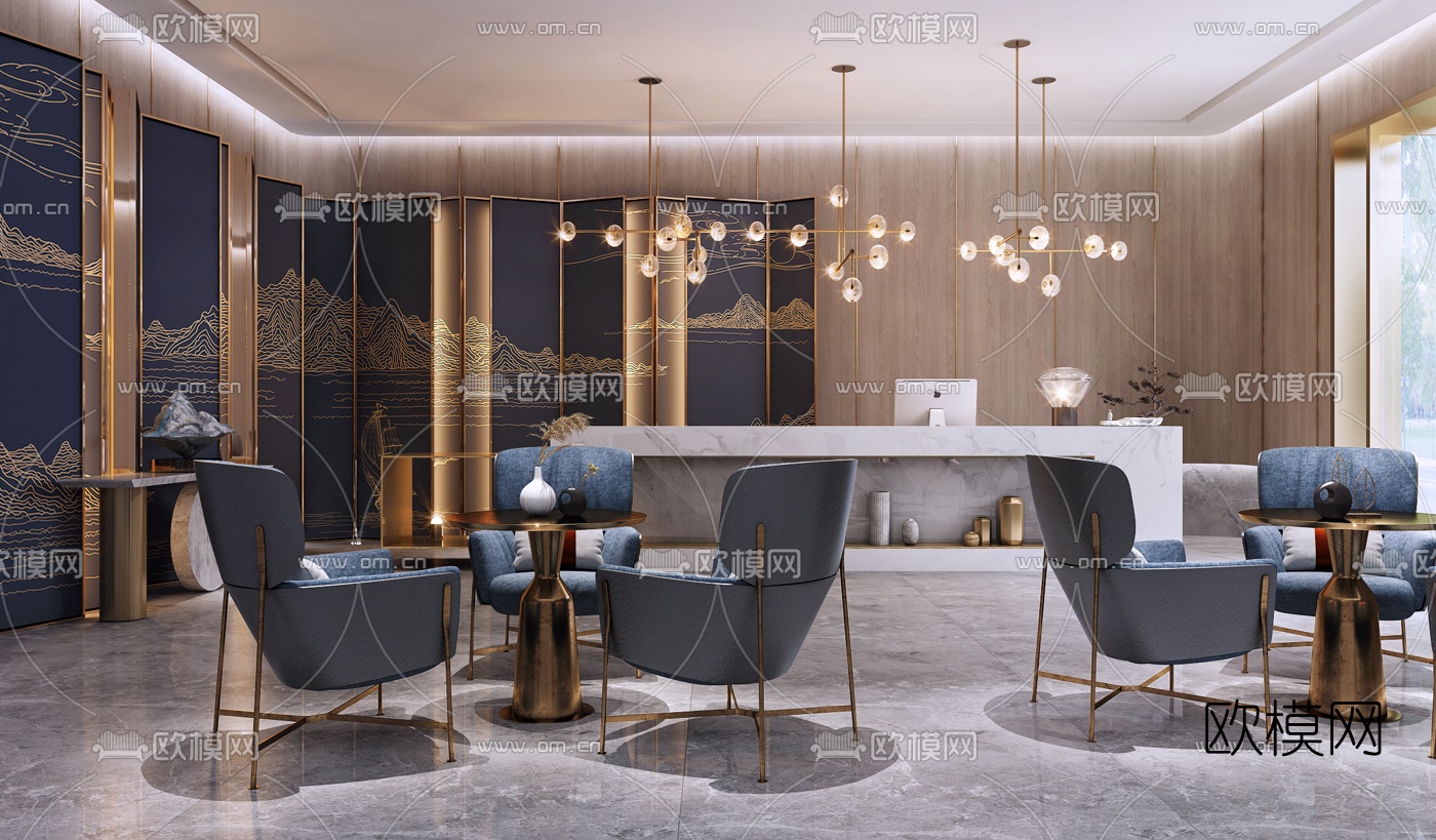 新中式酒店前台接待区3d模型下载（渲染图1）