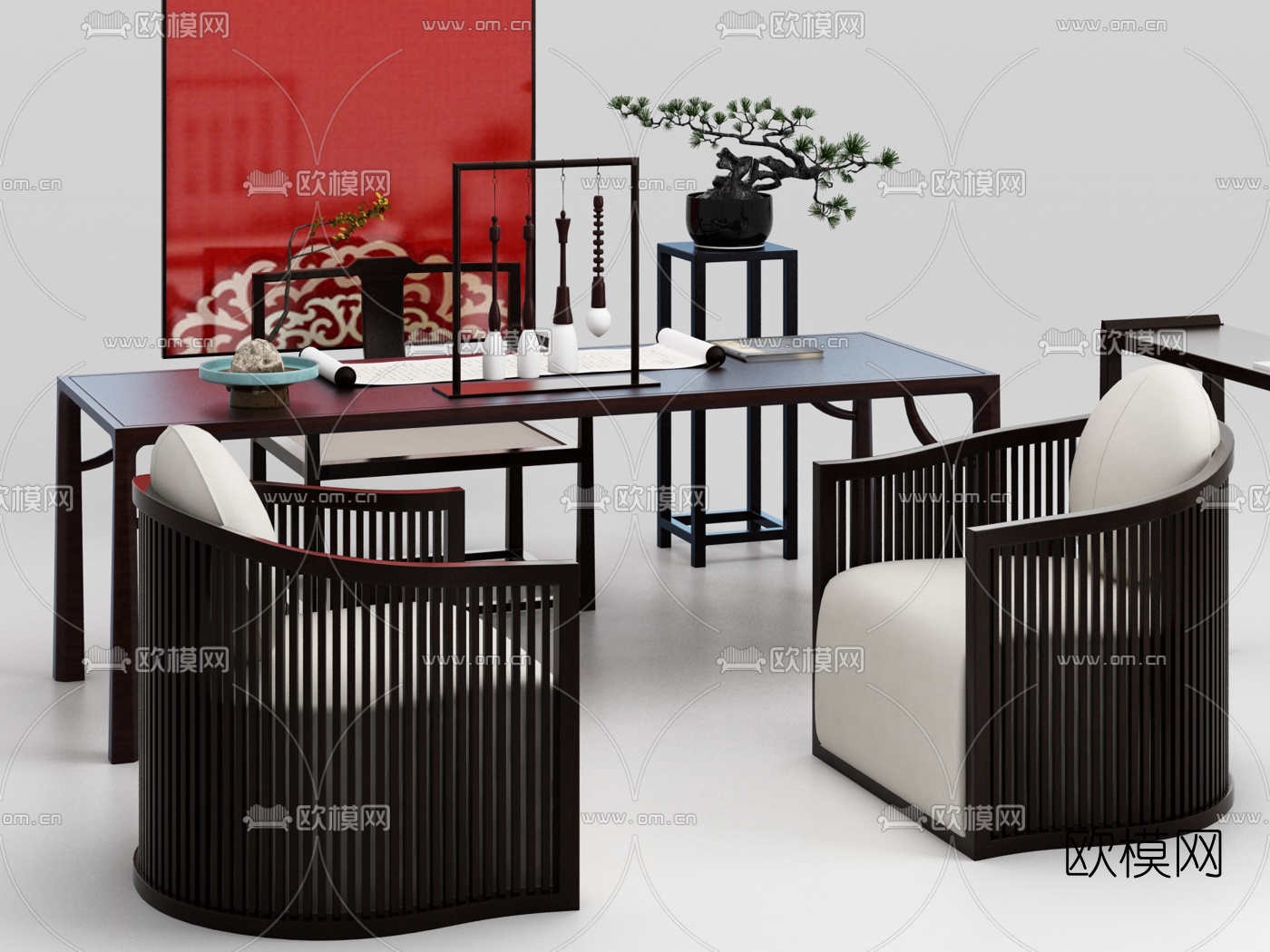 中式实木书桌椅组合3d模型下载