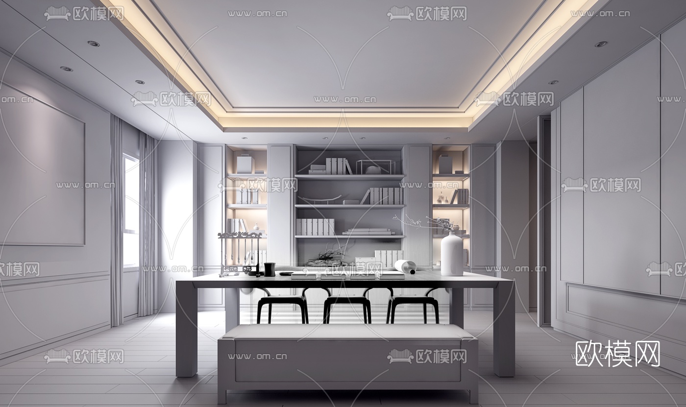 戴昆 新中式书房3d模型下载（渲染图2）