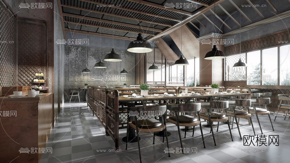 工業(yè)風(fēng)自助餐廳3d模型下載(渲染圖1)