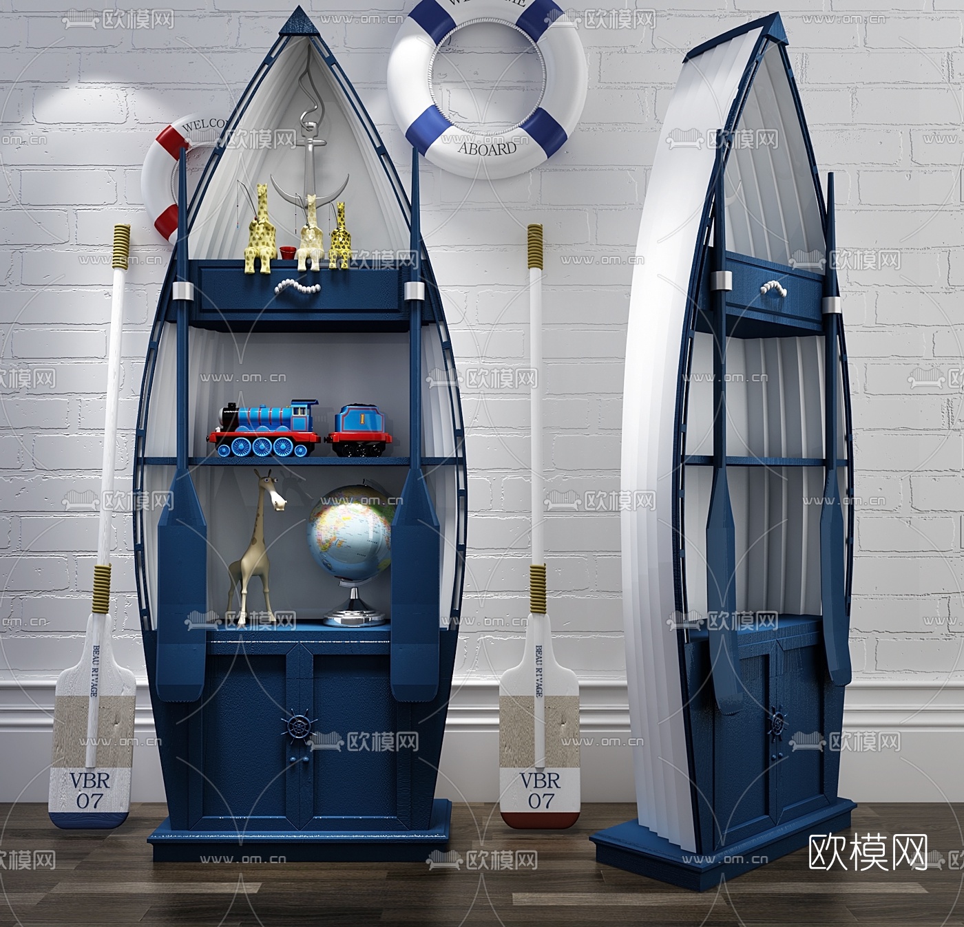 地中海实木船型儿童装饰柜组合3D模型下载