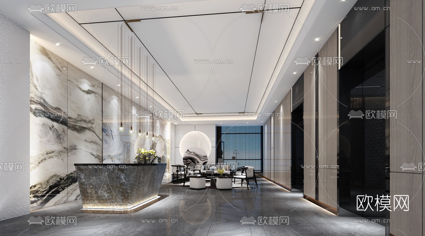 新中式办公室前台接待厅3d模型-免费3dmax模型库-欧模网